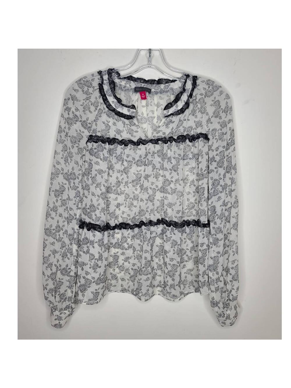 Vince Camuto black white floral babydoll tiered long sleeve blouse - XS